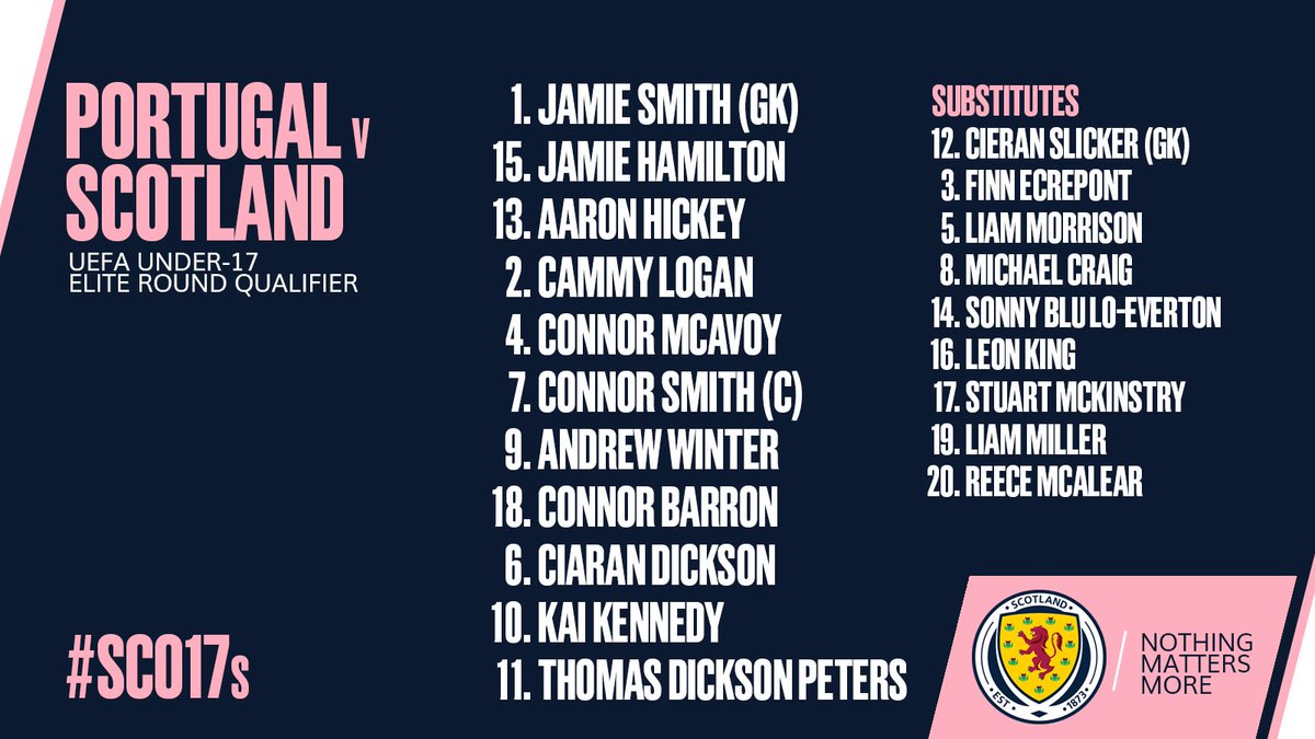 #SCO17s | Here's your Scotland Under-17s side taking on Portugal at <a href="/saintmirrenfc/">St Mirren FC</a> this evening. Kick-off is at 6pm, entry is free, so head along if you can and cheer the lads on.

All the best, boys. 👊

#YoungTeam
