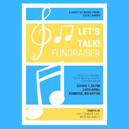 KomediaBrighton's tweet photo. Let’s Talk! Fundraiser Wed 24 Apr

A showcase of local music talent, raising awareness and funds for a youth mental health support group featuring Violinist Theo Warrington, RnB/Indie @pascaleband and more! 

Tickets just £5: https://t.co/W3FRpsoZ5O https://t.co/c8VeE38GZf