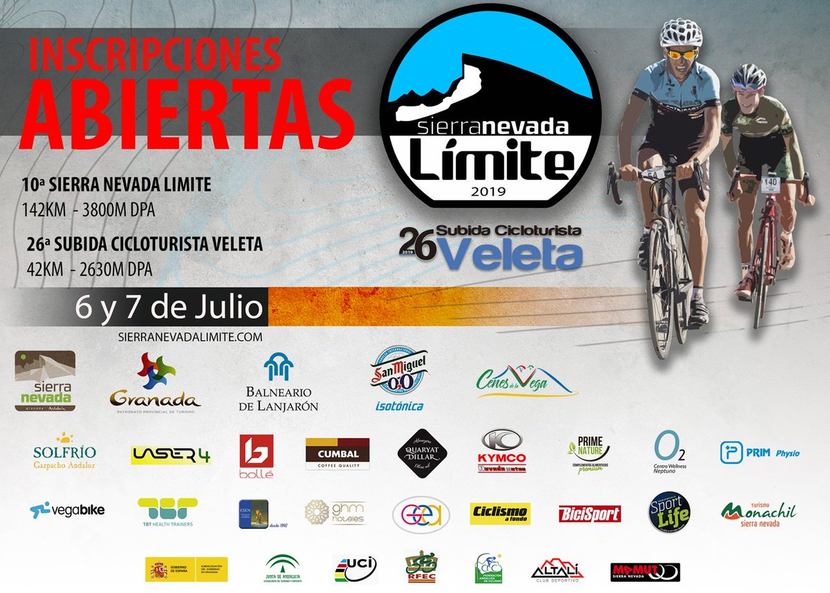 Ya os podéis inscribir a la 10 Sierra Nevada Límite y 26 Subida Cicloturista Veleta 2019!!!
Toda la info en sierranevadalimite.com
#SierraNevadaLimite #SubidaCicloturistaVeleta #SierraNevada #Cicloturismo #bike #cycling #cyclinglife #ciclismo #roadbike #bicycle #ciclismoafondo