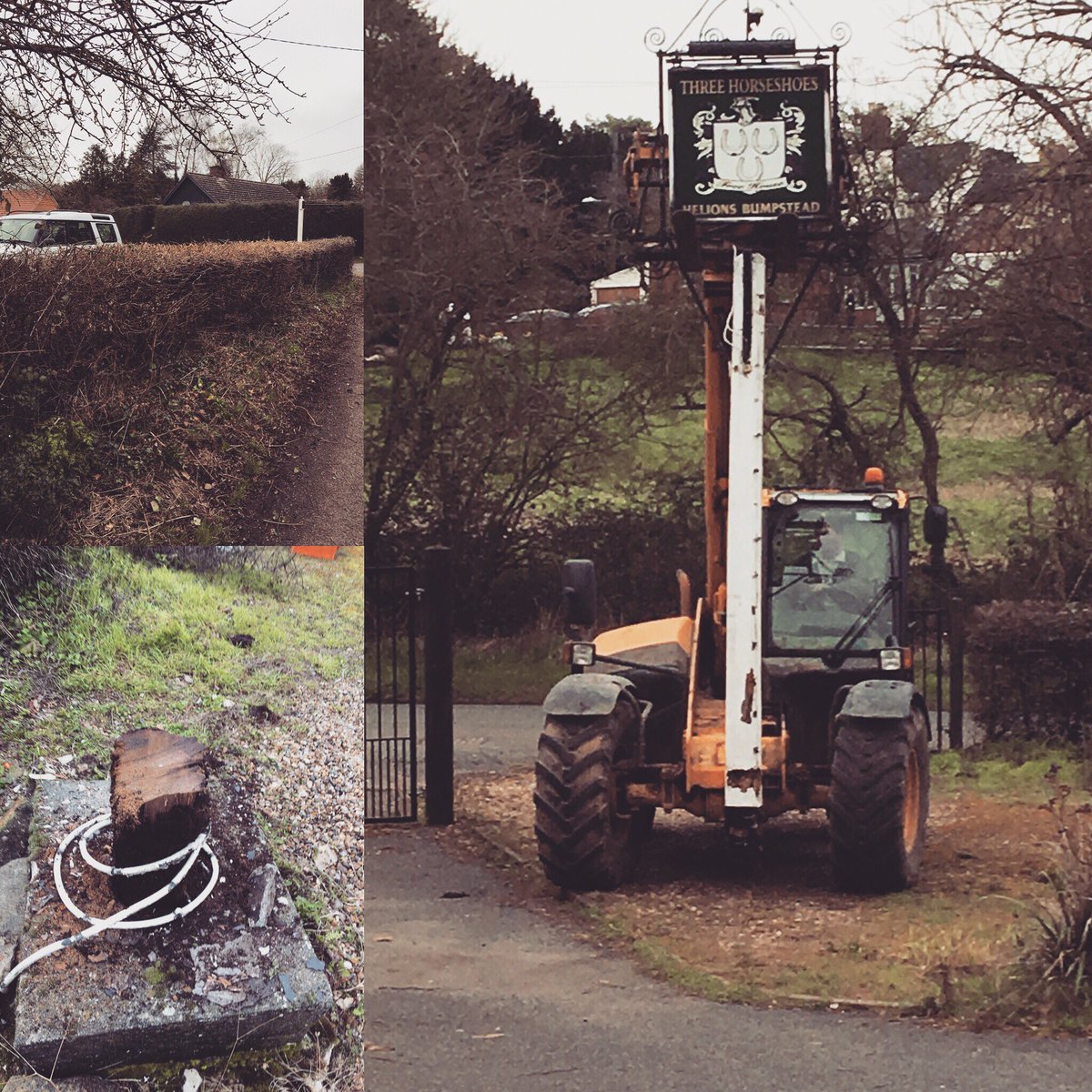 Helionspub's tweet photo. Whats happened to the pub sign? Off for repair, post rotten. Farmers on hand. Job well done. Sign is in for a spruce up too. Hope you can still find us on Saturday -  CB97AL - at the heart of the village! @BBCEssex @colCAMRA @pubhistory @PlunkettFoundat @NethergateBrew @EssexYFC https://t.co/9CRfA1zNNU