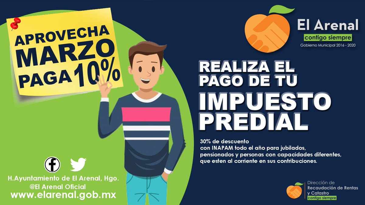 GobiernoArenal's tweet photo. #IMPORTANTE 
🔟 y 3⃣0⃣% de #Descuento
🏘️ #CatastroElArenal I 🔸Estás a tiempo aprovecha todo el mes de #Marzo y paga tu #Predial2019 no esperes más y acude a la presidencia municipal. 
#MarzoDeDescuentos 
#ElArenalContigoSiempre https://t.co/LTVX0bThvk