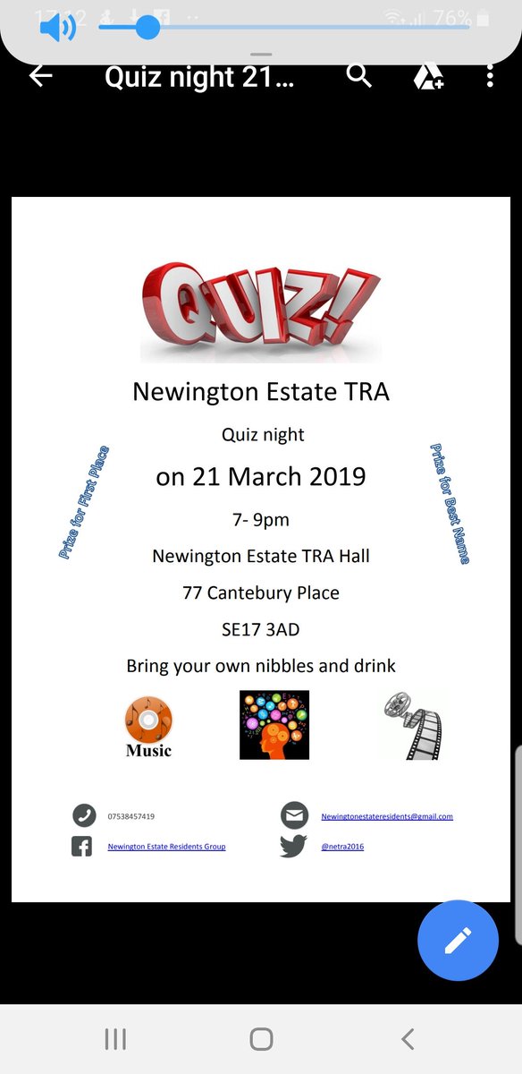 @Netra2016 Come join us for a Quiz on 21 March 2019. 7 to 9pm. Bring your own snacks and drinks. Newington Estate TRA Hall. 77 Canterbury Place, SE17 3AB