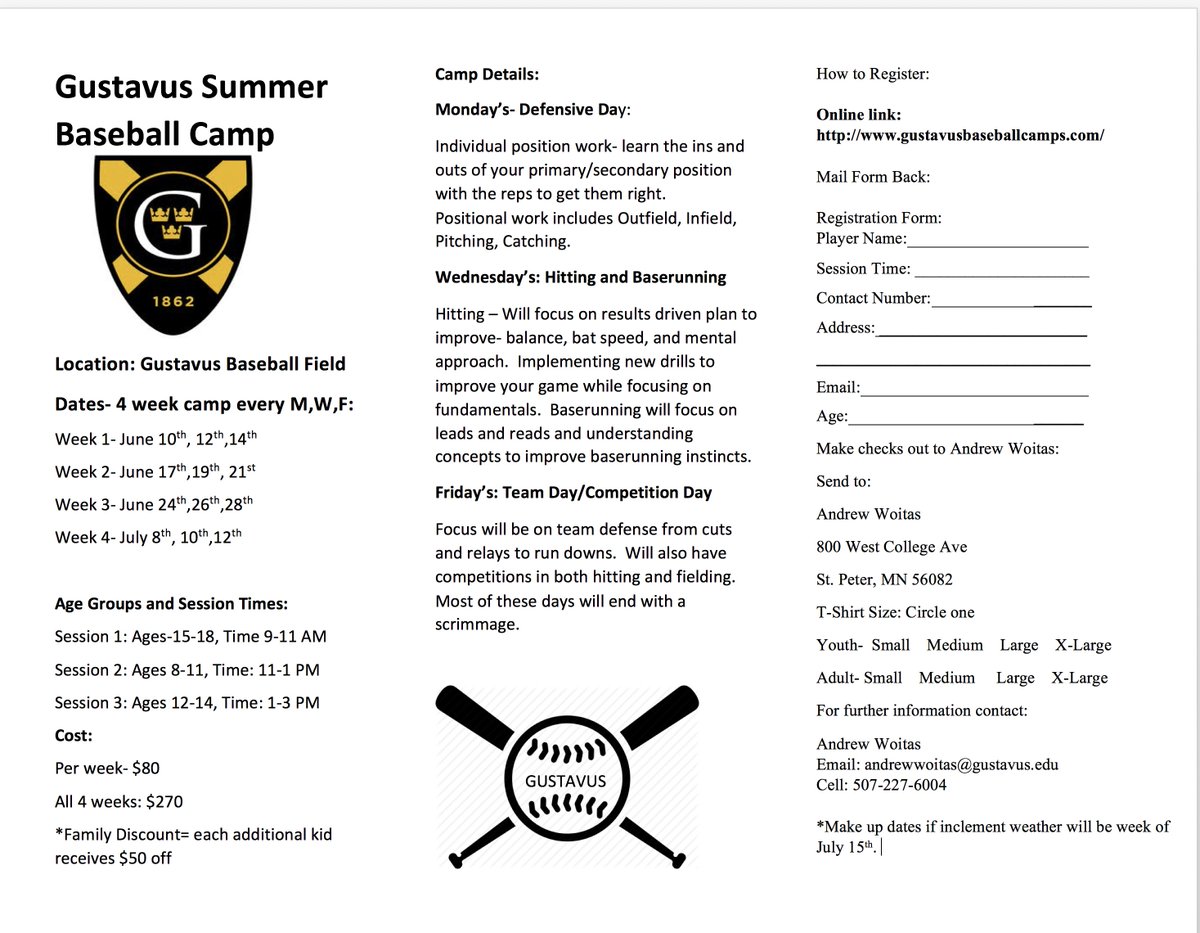 GustieBaseball's tweet photo. Check out and sign up for our Gustavus Summer Baseball Camps at our camp website: https://t.co/cZHAXX1bM8.  We are excited to provide this opportunity to local youth!  All camps will be run by Gustavus Coaches and Players. https://t.co/xCpaoX32Wk