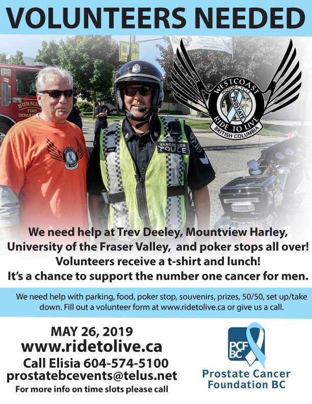 If you love motorcycles...or just love volunteering to support a great cause. Join us on Sunday, May 26th. We are always in need of volunteers for The Westcoast Motorcycle Ride to Live. Please contact Ride to Live 604-574-5100 or sign up online. vancouver.ridetolive.ca/volunteer/