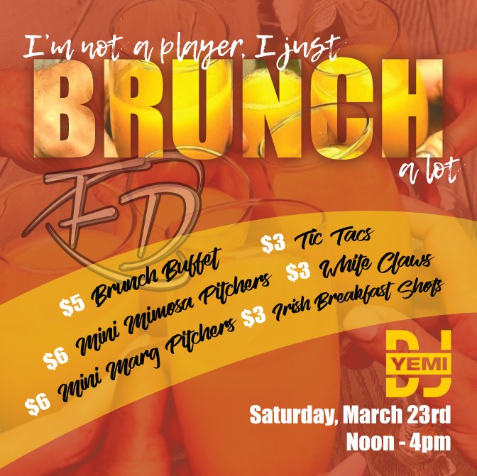 *Giveaway* Only 3 more days till Brunch Part 2! Saturday 12-4pm. $5 brunch buffet, mimosa &amp; marg pitchers and many more specials &amp; surprises! Come for the brunch... stay for the debauchery. **Follow &amp; RT for a chance to win FREE cover for you + 3 friends*