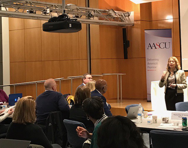 AASCU's tweet image. &quot;On behalf of all of our presidents, I say thank you for not only doing your work and doing it so well, but also making sure that you do the professional development and get together with colleagues and learn from each other.&quot; -- @AASCU&apos;s @PresMillieG to #AASCUComm attendees