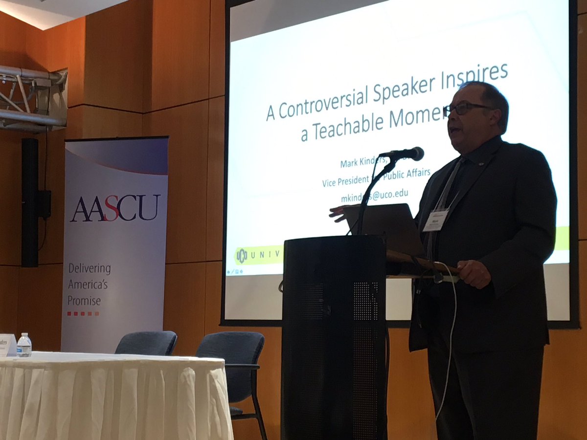 JohnK1010's tweet image. .@ucovp presenting on teachable moments from a controversial speaker’s visit to campus at the University of Central Oklahoma. #AASCUComm #highered