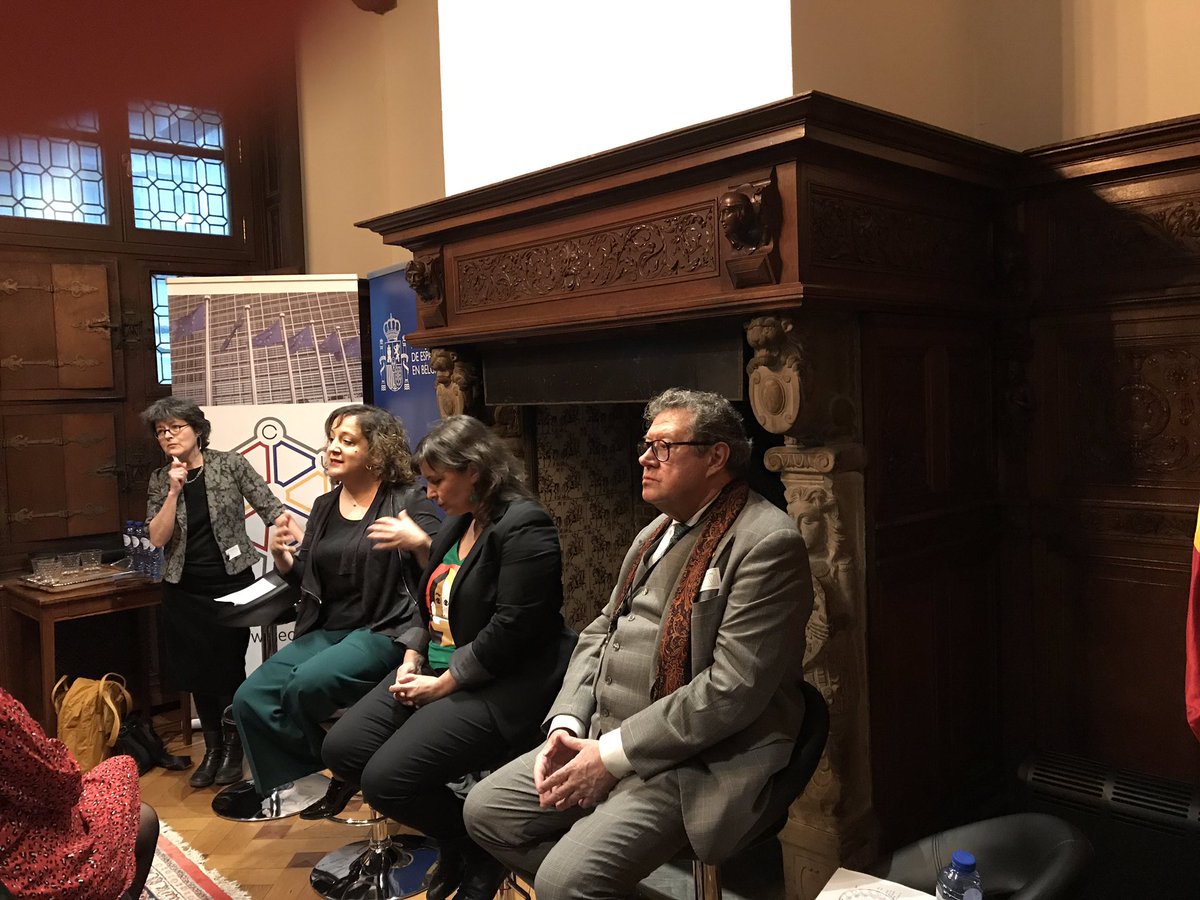 BecUE16's tweet photo. En directo: Hoy debatimos en #BecUE en @EmbEspBelgica la cuarta ola feminista con @IratxeGarper @anamirandapaz @EnriqueCalvet https://t.co/MFSqVGzcUC