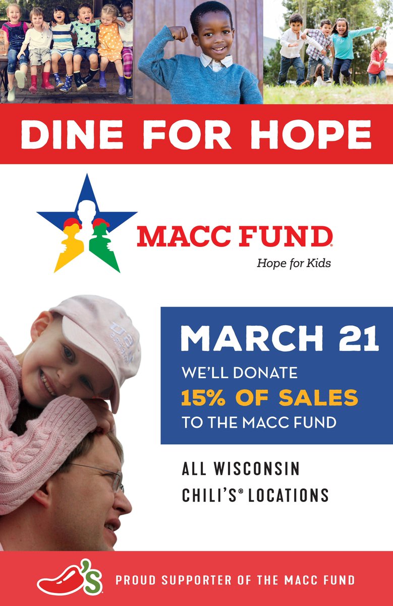maccfund's tweet photo. Be sure to stop at your local Chili's Grill &amp; Bar🌶 tomorrow for Dine for Hope. 15% of all sales across Wisconsin will be donated to the MACC Fund to support our fight against childhood cancer🎗! #backthemacc #dineforhope #themaccfund #beatcancer #chilis #wisconsin https://t.co/L6Ht3p2oAC