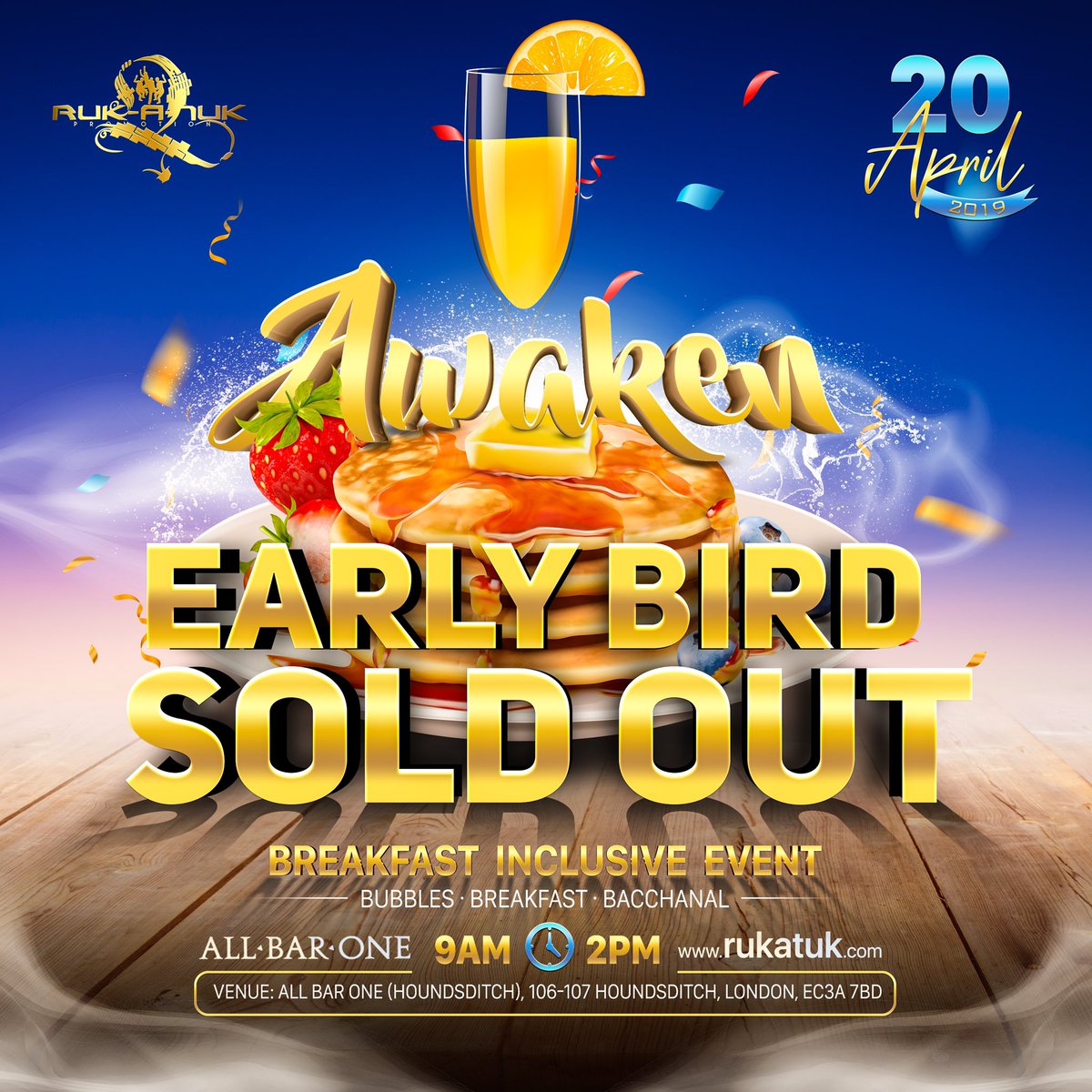 RukATuk's tweet photo. Early Birds 🐦 Caught The Worms 🐛 . ALL Early Bird Tickets Are Now SOLD OUT. General Tickets To London’s Greatest Day Fete Continue
#rukatuk #morethanaparty #Easter #Spring2019 #WarmerDaysAreComing #PumpBubbleWine #London #DayParty #Breakfast #Party https://t.co/BPP6mIbTOu