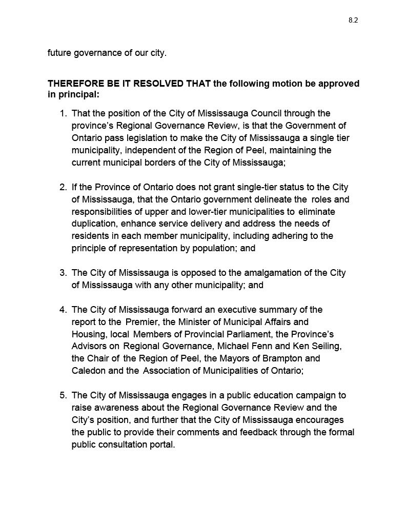 Today, Council passed in principle my motion requesting the province pass legislation that #Mississauga become independent from the Region of Peel. Analysis shows we send $85M to the Region to fund the growth of others cities. This is not fair to residents and businesses. 1/2