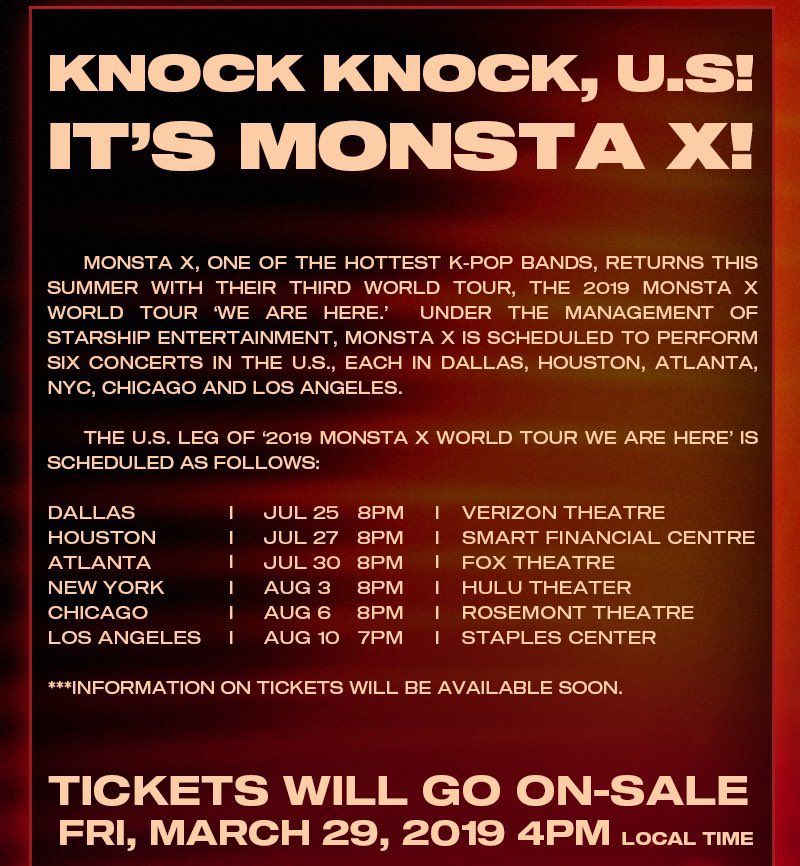 kpopconcerts's tweet photo. [TOUR] MONSTA X announces tour stops, dates and venues for <KNOCK KNOCK, US!

#MONSTAX #MONSTAXinUS https://t.co/o7BTKFHOKv