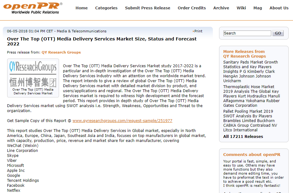startupjorge's tweet photo. "Over The Top (OTT) Media Delivery Services Market Size, Status and Forecast 2022 #OverTheTop #MediaService #OTT
--> https://t.co/CkfTEoZW6m
release: @QYResearchGrp cc: @openPR" https://t.co/3fVWB3iN4Y