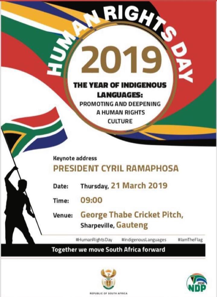Thanda_Masinga's tweet photo. Tomorrow is #HumanRightsDay

📍George Thabe Cricket Pitch , Shapville Gauteng
⌚09:00
 
Keynote speaker : President @CyrilRamaphosa .delivering a speech on promoting and deepening indigenous languages 

#IamTheFlag
#HumanRightsMonth
#IndigenousLanguages https://t.co/eq8gyPfbqW
