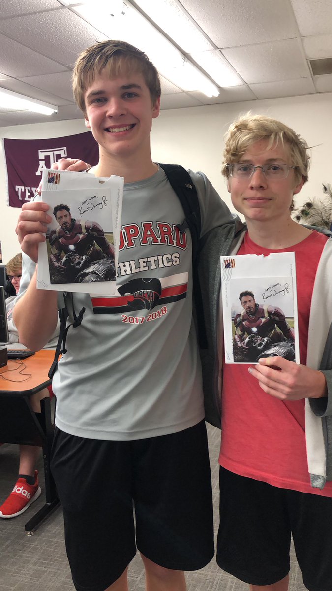 coachmmurray's tweet photo. Thank you Iron Man for the awesome fan letter responses! @RobertDowneyJr #LISDFuturefocus https://t.co/WKHGQbfEBw