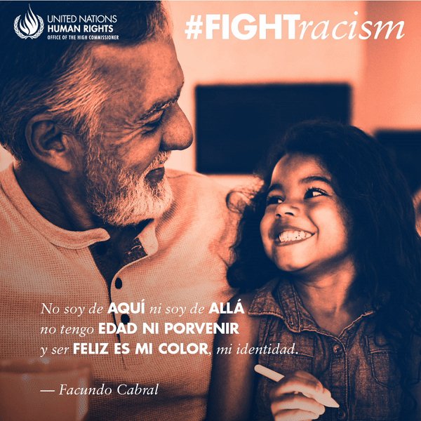 "Ser feliz es mi color, mi identidad". La letra de esta famosa canción de Facundo Cabral es un himno a la diversidad. 

El 21 de marzo es el Día para la Eliminación de la Discriminación Racial. #CombateElRacismo en todo momento y el cualquier parte. un.org/es/letsfightra…