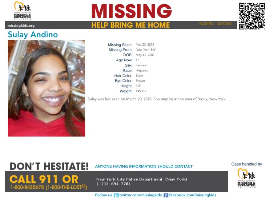 NCMEC's tweet photo. #MISSING!
17-year-old Sulay Andino went missing a year ago on March 20, 2018 from New York, #NewYork. She may frequent the New York areas of Manhattan or the Bronx.
Poster: https://t.co/vVVKK09f1u https://t.co/N8KnixKEeD