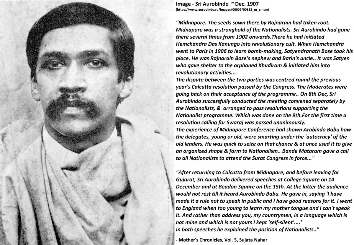 43) Going to Midnapore, First Public Speech in Calcutta:Given the flurry of people wanting to meet Him after His acquittal,  #SriAurobindo moved to Choku Khansama’s Lane with His wife & sister ~Oct-1907..At Midnapore, the Extremists & the Moderates were on a collision course: