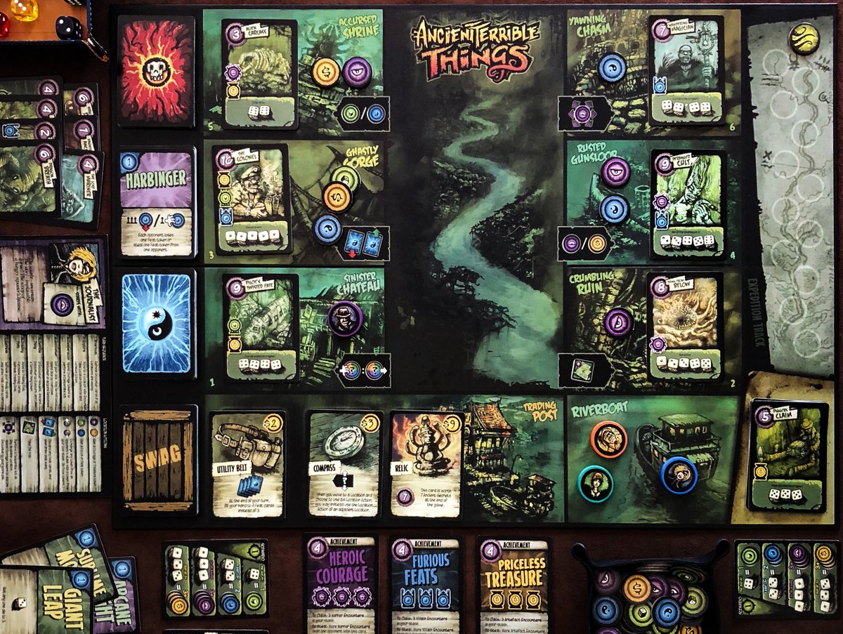 MeepleMaven's tweet photo. It's basically a #DiceRolling #PushYourLuck #BoardGame, but we always enjoy #AncientTerribleThings. The design is a big part of it; reminiscent of 1950s monster movies. [Last yr's KS subs stood at c.6000% so there will likely be lots more copies in circulation again soon.] https://t.co/nfRlFl7mR2