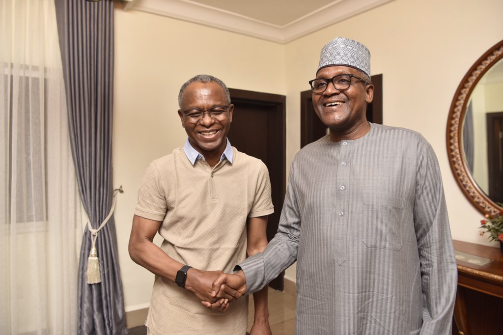 GovKaduna's tweet photo. Back from a short holiday, 
Malam Nasir Ahmad @elrufai is in a meeting with Alhaji Aliko Dangote in Abuja this evening. https://t.co/h1gCcDwVfv