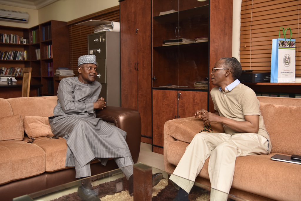 GovKaduna's tweet photo. Back from a short holiday, 
Malam Nasir Ahmad @elrufai is in a meeting with Alhaji Aliko Dangote in Abuja this evening. https://t.co/h1gCcDwVfv