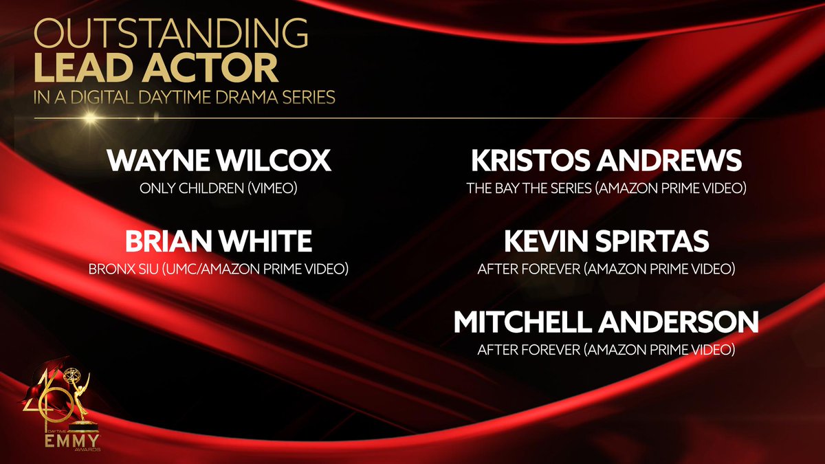 DaytimeEmmys's tweet photo. The #DaytimeEmmys nominees for Outstanding Lead Actor in a Digital Daytime Drama Series are: @OnlyChildrenTV's @waynewilcox, @bronxsiu1's @actorbrianwhite, @TheBaytheSeries's @KristosAndrews, and @AFtheSeries's @KevinSpirtas and Mitchell Anderson. https://t.co/DciF7Tsm43