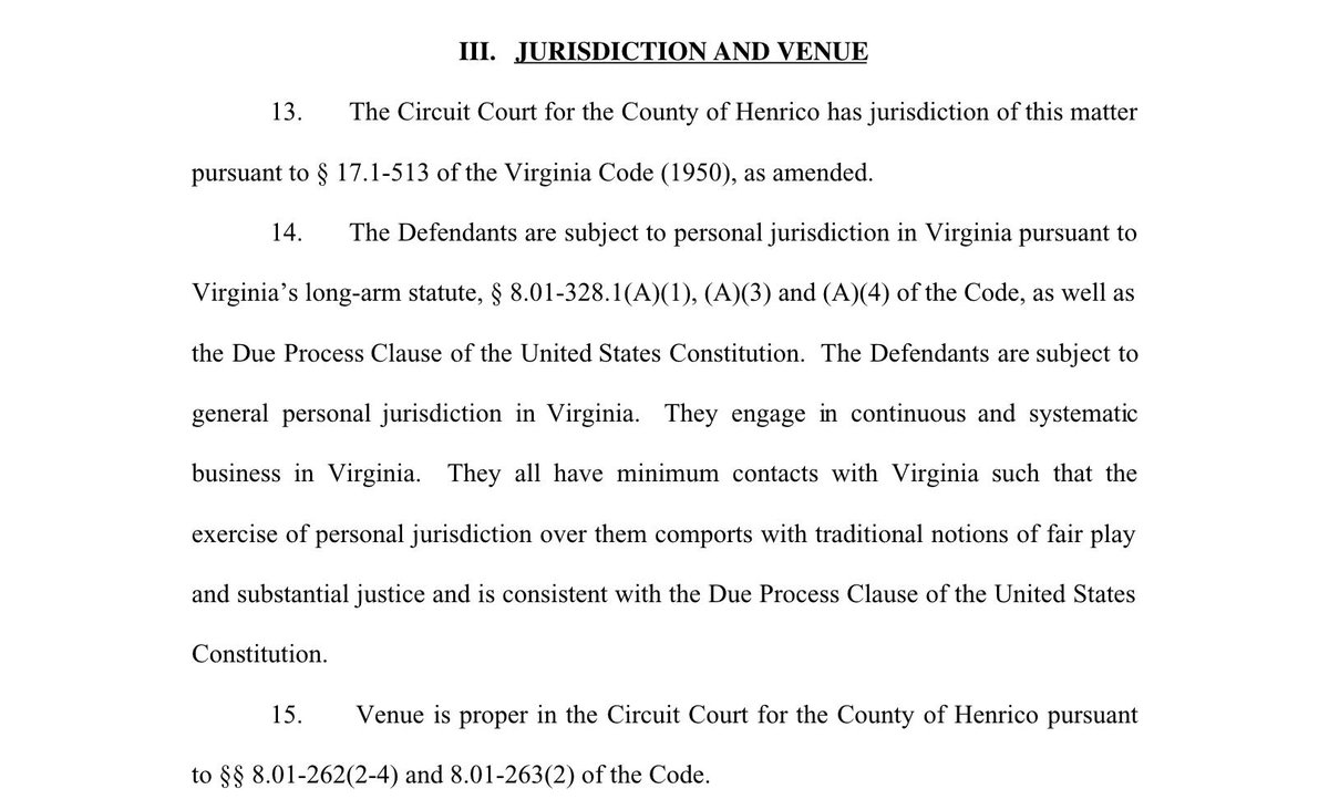 LawLawCoolJ's tweet image. I want to note something about the lawsuit brought by @DevinNunes against @DevinCow and others that I haven't seen mentioned elsewhere.

The choice of venue, as covered by Section III of the Complaint, is an absolute joke. [1/]