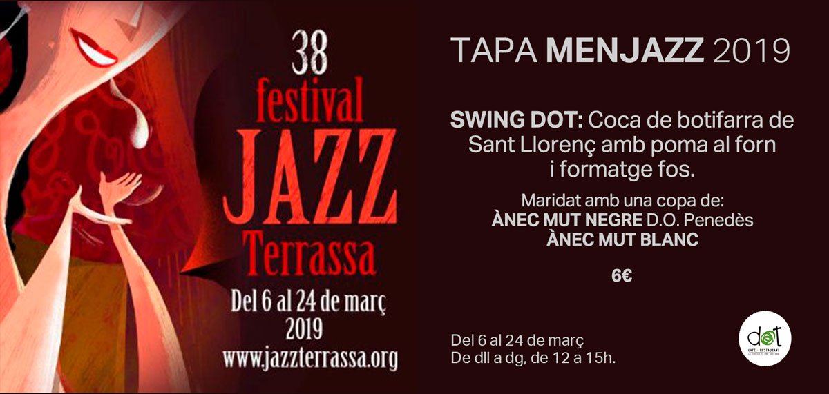 Abans que s'acabi el Festival de Jazz de Terrassa, vine al DOT a tastar la nostra tapa #SWING #DOT. Tots els dies, de 12.00 a 15.00.🎷🍽 
#Menjazz #Terrassa #swingdot #cocadebotifarra