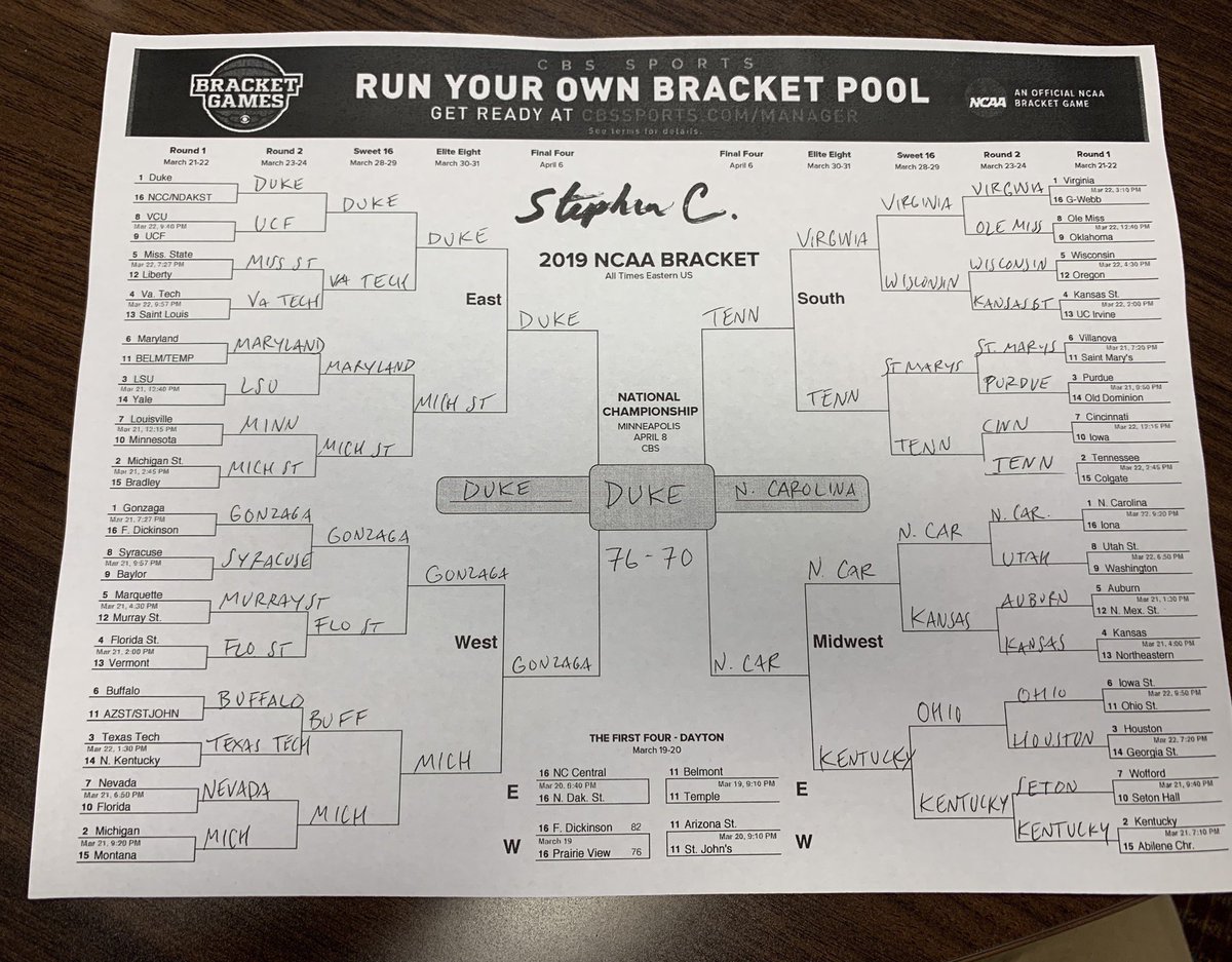 StCoppen's tweet photo. My boring #MarchMadness bracket: Duke over North Carolina https://t.co/lVpSvtTWPd