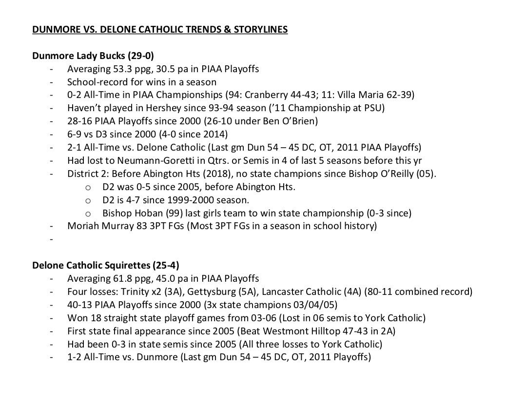 Dunmore faces Delone Catholic tomorrow in girls basketball. Here’s what history and trends are saying about both teams. #piaahoops
