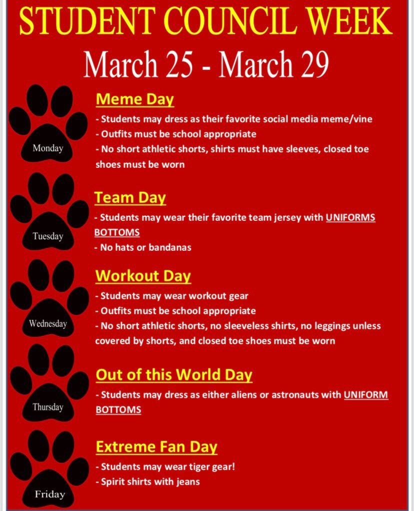Student Council Week is among! Here are the dress up days for next week.