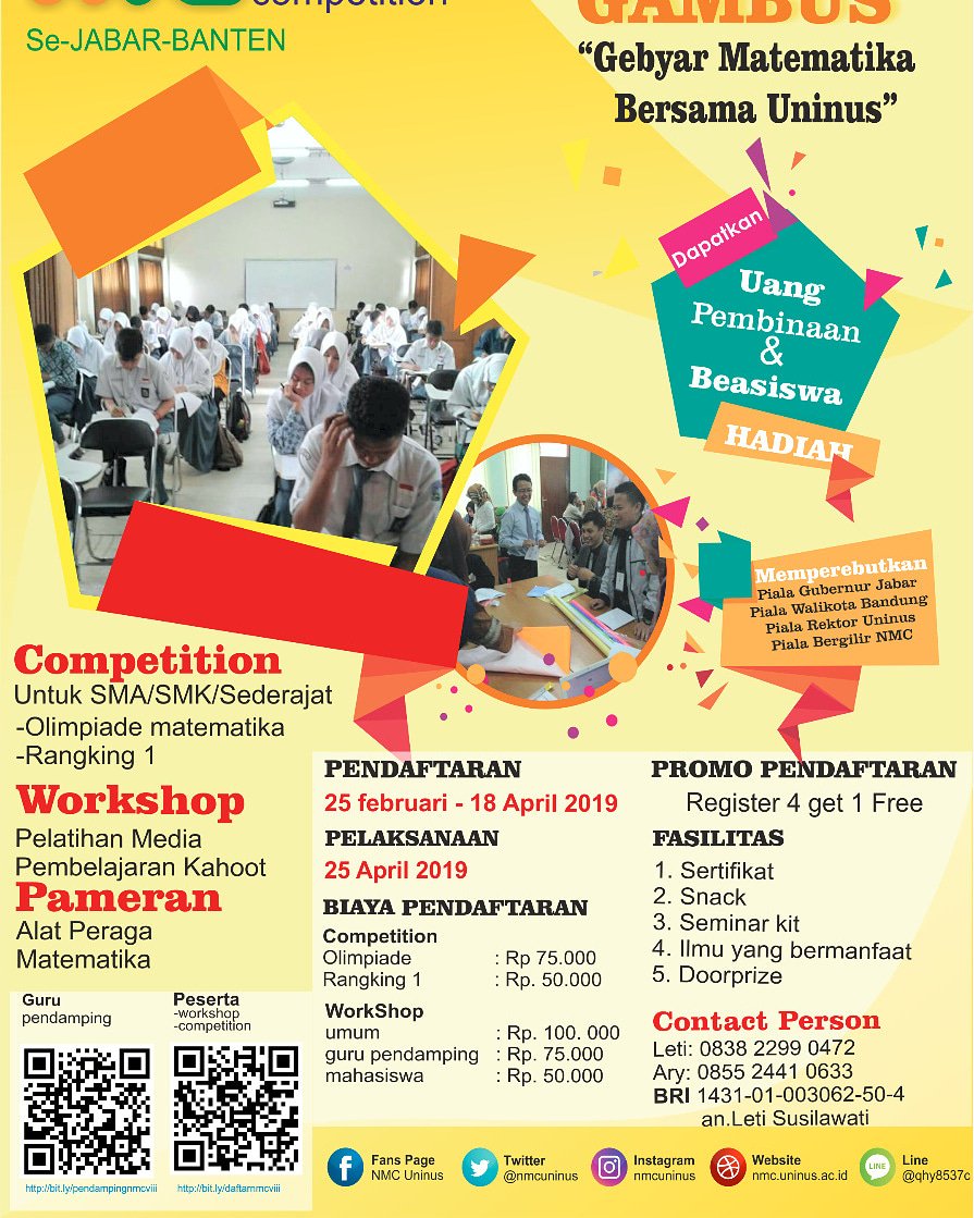 nmcuninus's tweet photo. 🎉Himpunan mahasiswa Pendidikan matematika (HIMADIKTIKA) Universitas Islam Nusantara proudly present 🎉
🎊Nusantara Mathematics Competition VIII (NMC VIII)🎊
Come and join us 👆
 Jangan Ketinggalan
📲 Informasi lebih lengkap :
Aryanto : +62 855-2441-0633
Lety : +62 838-2299-0472 https://t.co/g9KbtYNUtP