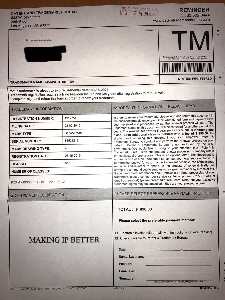 jmattbuchanan's tweet photo. Every IP attorney should file to register their own #trademark at some point. For many reasons, really, but a big one imo is to truly appreciate the barrage of scams thrown at their clients.

And the amounts of money involved.

It’s nuts.

#whofallsforthis https://t.co/cMPEDEJAGv