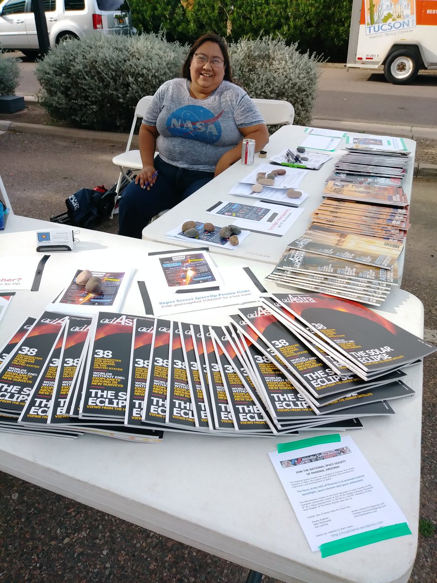 RealtimeSTEAM's tweet photo. Here we are at @Tempegov #GeeksNightOut at Tempe Community Complex (Rural &amp; Southern) 4:30-7:30pm TONIGHT, next to the bounce house &amp; food trucks. Get your promo code for @SpaceUpConf Phoenix this Saturday. #space #science w/@NSSPhoenix https://t.co/B0Z21cbJZf