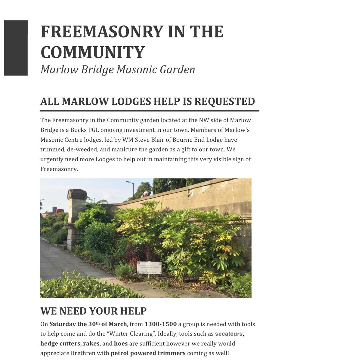 Reminder to all #Marlow Freemasons that  the Winter Trim for the Freemasonry in the Community Garden at Marlow Bridge is definitely ON for the 30th. We’ll be there for a start at 1300 &amp; if at least 8-10 show up, we should be done by 1530 <a href="/buckspgl/">Buckinghamshire Freemasons</a> pls RT