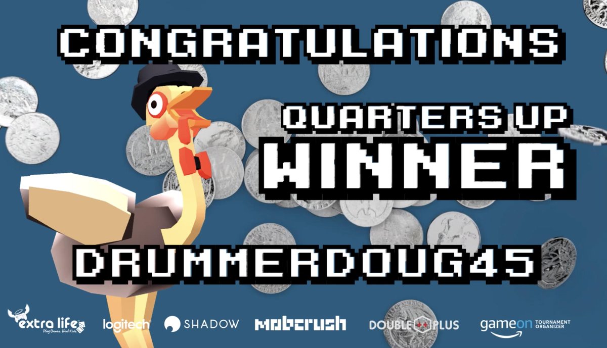 doubleplusgames's tweet photo. Congratulations to @Drummerdoug45 for winning our last #QuartersUp for Charity event featuring Ostrich Among Us. He's currently with our friends at #ExtraLifeUnited enjoying all the fruits of his dancing labor. #Congratulations #GameOn https://t.co/NuuFJXgjSa https://t.co/wLQCi9eFSB