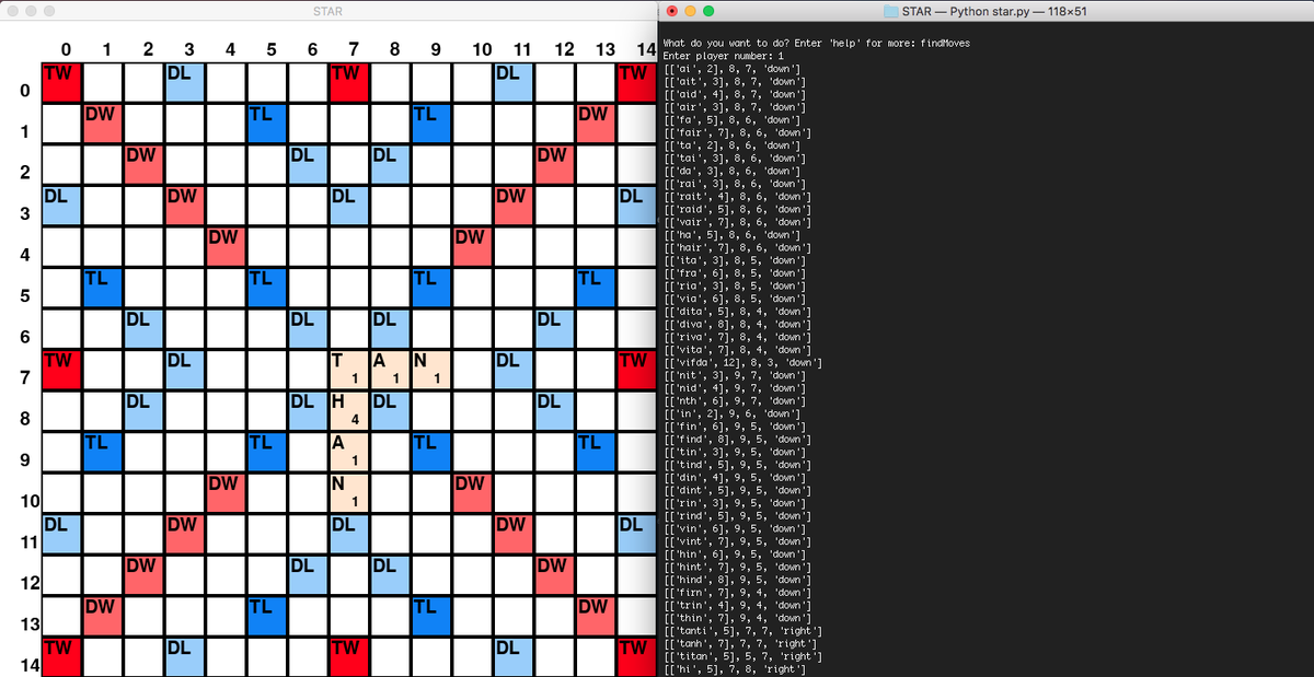 My scrabble project has moved along a bit. It now can work out most of the moves you can make. There is still a lot to do (and tidying) but progress can be found here: github.com/JackFurby/STAR
