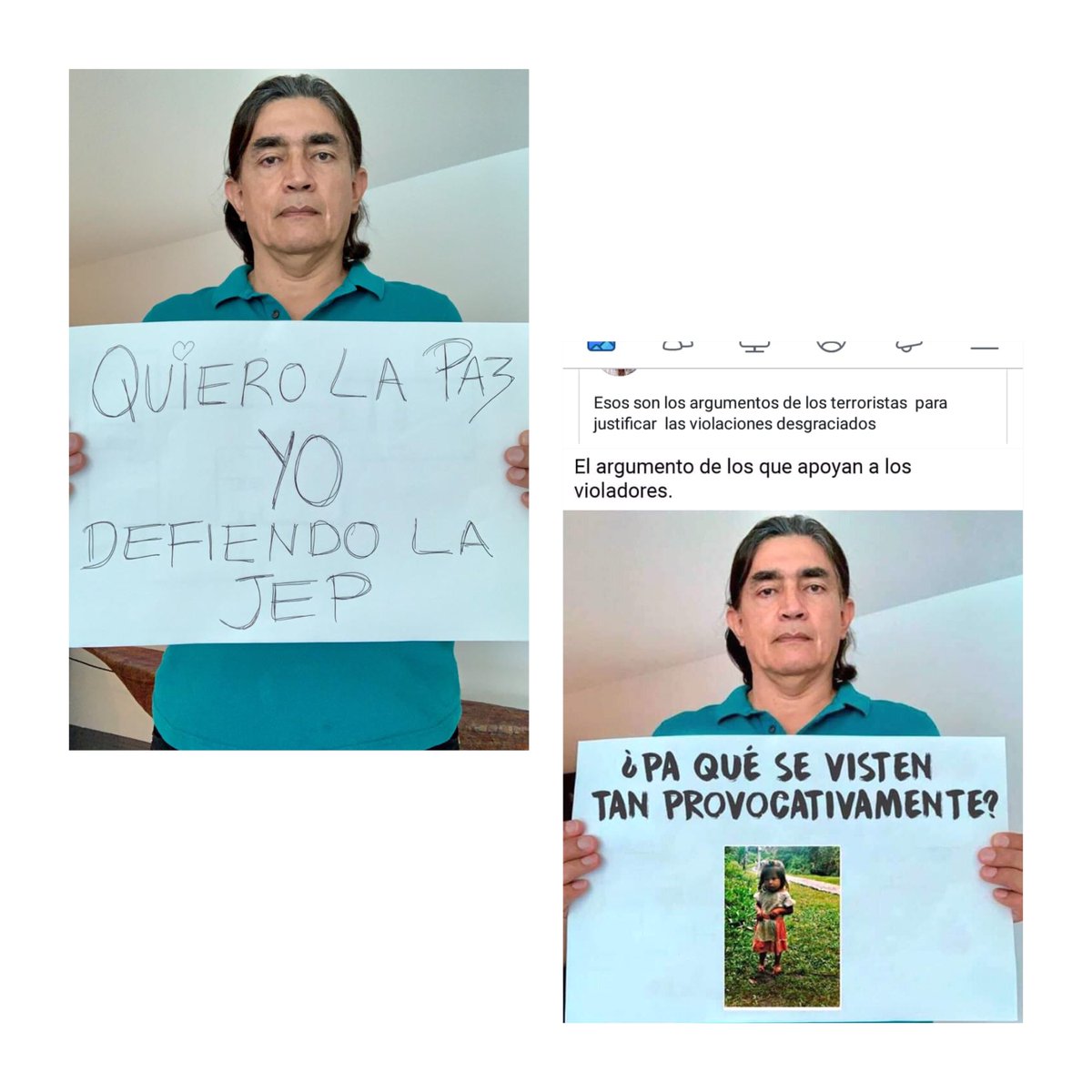 El 18 de febrero puse un tuit con una foto apoyando la JEP (Foto 2)
Hoy, los uribistas empeñados en acabarnos a punta de calumnias, montan sobre sobre esa foto una frase asquerosa usando una niña indígena (Foto 1)
Son un asco. Por eso el país ya no les cree. Favor RT