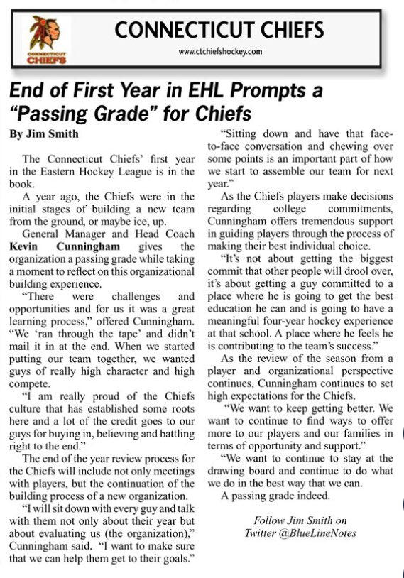 CTChiefsHockey's tweet photo. It has been great talking with Jim all year and I believe that his articles offer quality insights into our program as well as its values and goals as we strive to succeed in the @EHL_Hockey and @EHLpremier. Thanks to @bluelinenotes and @usajuniorhockey for their coverage! https://t.co/oAiMcCxSz1