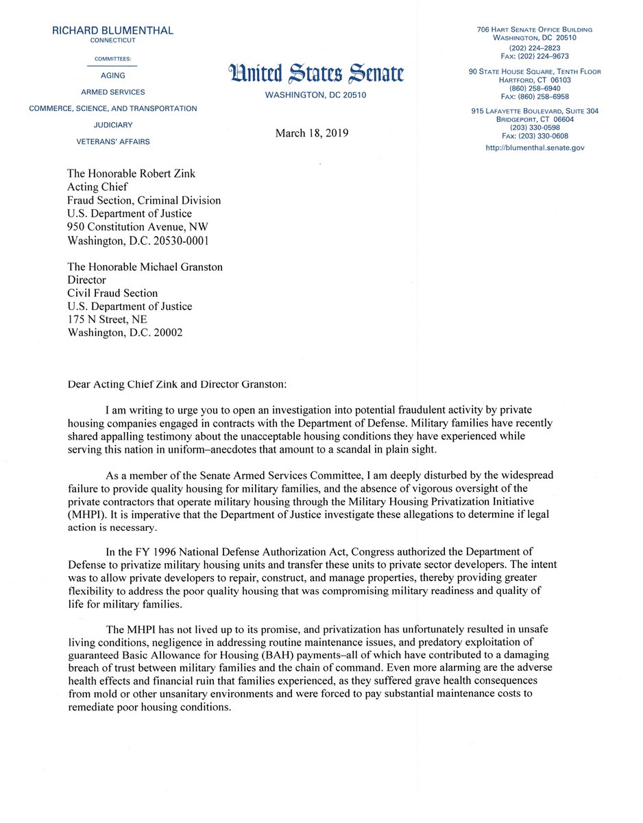 SenBlumenthal's tweet photo. I’ve written to DOD &amp; DOJ urging investigations into potentially fraudulent activity by private housing companies whose slumlord antics fail to provide our treasured military families with safe, high-quality housing. https://t.co/AFwVt79ypD