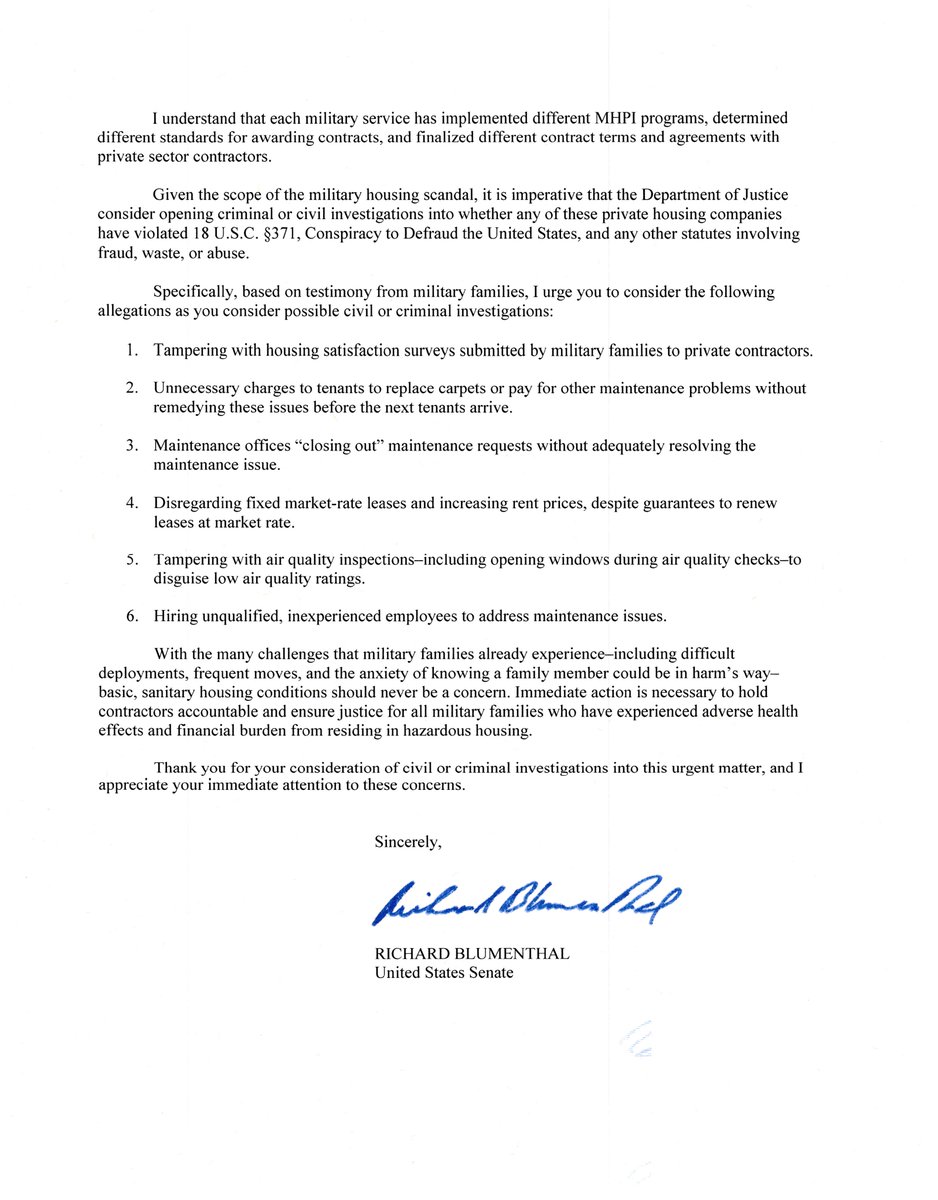 SenBlumenthal's tweet photo. I’ve written to DOD &amp; DOJ urging investigations into potentially fraudulent activity by private housing companies whose slumlord antics fail to provide our treasured military families with safe, high-quality housing. https://t.co/AFwVt79ypD