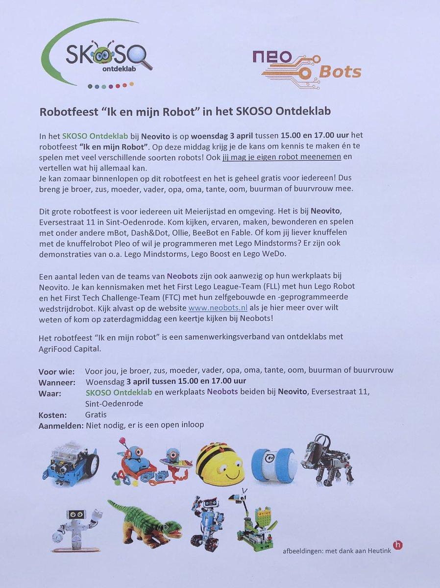 SKOSO_ontdeklab's tweet photo. Lees hieronder over het robotfeest ‘Ik en mijn Robot’ op woensdag 3 april van 15.00 uur tot 17.00 uur in het @SKOSO_ontdeklab bij #Neovito #Exit9 Een samenwerking met #Neobots en @AgriFoodCapital https://t.co/glpBIGYd9e