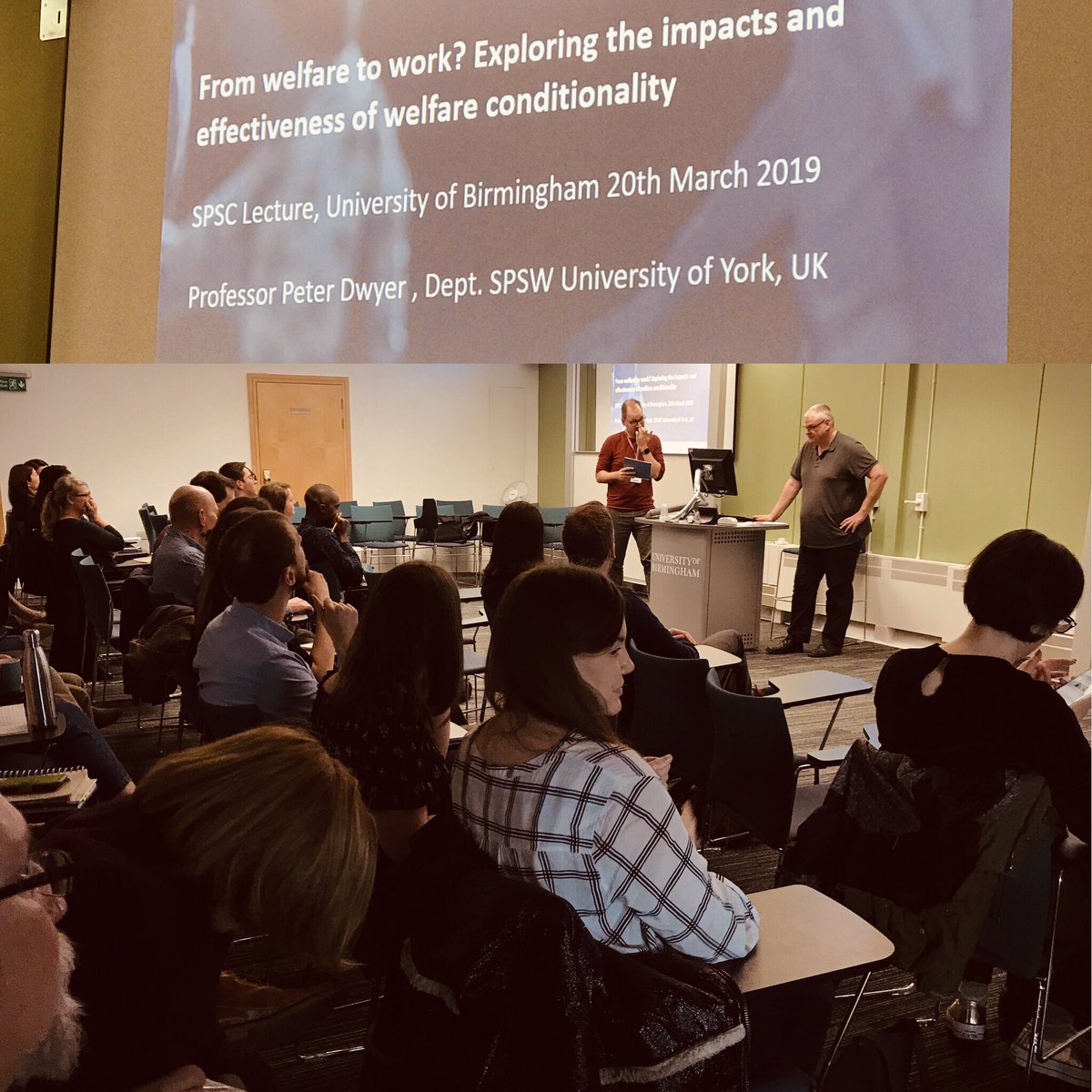 UoBSocialPolicy's tweet photo. The final talk of the SPSC lecture series for this academic year. Thank you to Professor Peter Dwyer for visiting to share ‘From welfare to work?’ with staff, students and public attendees @UoBSocialPolicy #welfaretowork #welfareconditionality #spsclectureseries @CoSS_Birmingham https://t.co/GVaRYFORXR