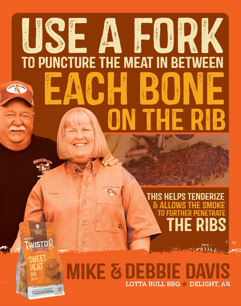 Your Twist'd Tip of the Week comes from 🏆92-time Grand Champions Mike &amp; Debbie Davis of Lotta Bull BBQ Food Trailer &amp; creators of our Sweet Heat Rib Rub.
Get recipes, more tips or see how to purchase the Sweet Heat Rib Rub: bit.ly/2UIX24c
#bbqnation #BBQLife