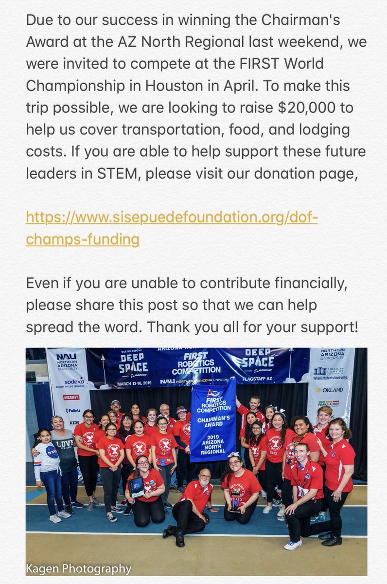 Please help send our team to Houston!! Anything will Help! 
sisepuedefoundation.org/dof-champs-fun…