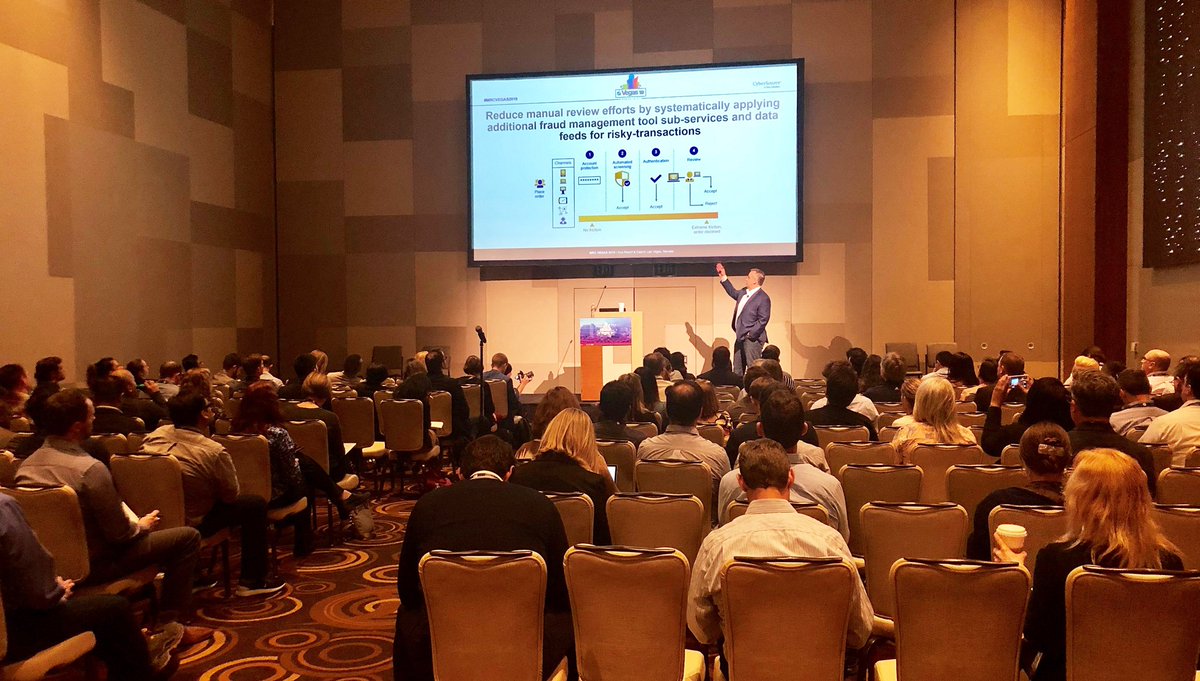 Cybersource's tweet photo. Great session yesterday at #MRCVegas19 with Andrew Naumann, VP, Risk Solutions at @CyberSource. Stop by booth 215 to talk shop with the rest of the team and learn more about insights from our #GlobalFraudReport https://t.co/5LXWaHDmkM https://t.co/jgw3Rx11pC