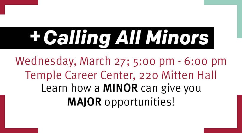 TempleCareers's tweet photo. Thinking about declaring a minor? Learn more: https://t.co/I3zNEERTiC @TempleSTHM @KleinCareers @TUResnickCenter @TUFoxMarketing @TULiberalArts @EPATemple @sthmcspd https://t.co/nsGYevPYzd