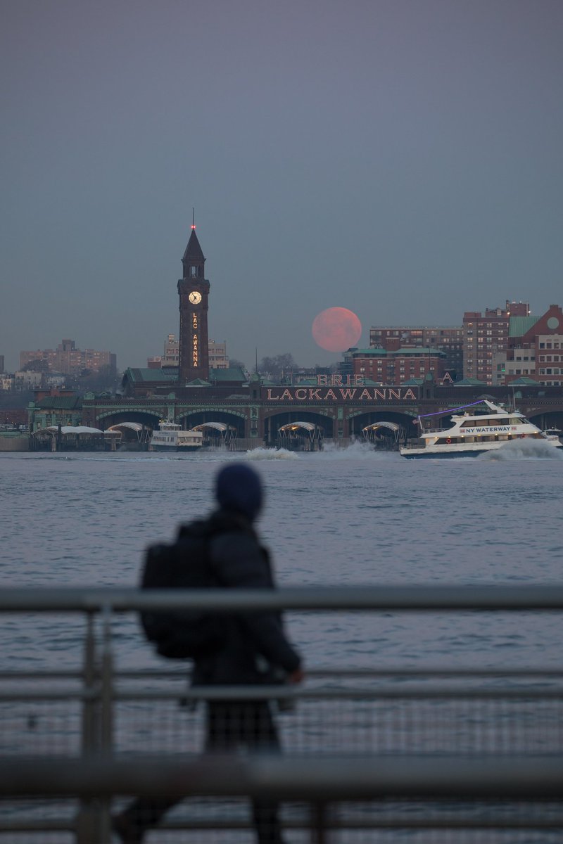 This morning's moonset fading over the New Jersey skyline from the West Village #SuperWormMoon