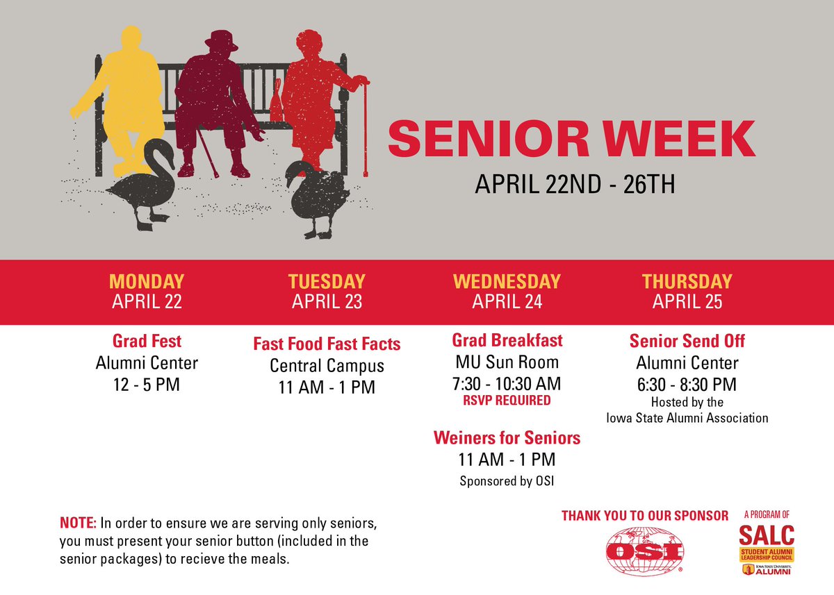 ISU Senior Week is coming up soon! Get all the latest information about Senior Week online at isualum.org/seniors or by following <a href="/isuseniors2019/">ISU Seniors 2019</a> on Instagram. Congrats, grads! #CyclonesEverywhere