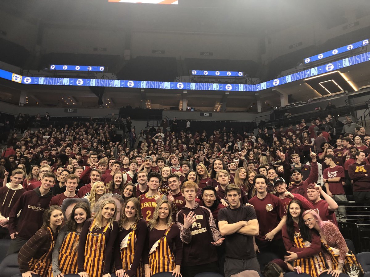 LomboTonka's tweet photo. What an awesome turnout this morning to see @GroveHoops quarterfinal state game at the Target Center! Crimson Pride out there to be seen...good luck to @GroveHoops tomorrow as they take on EP! #crimsonpride #elitefew https://t.co/vLd0pGK21H